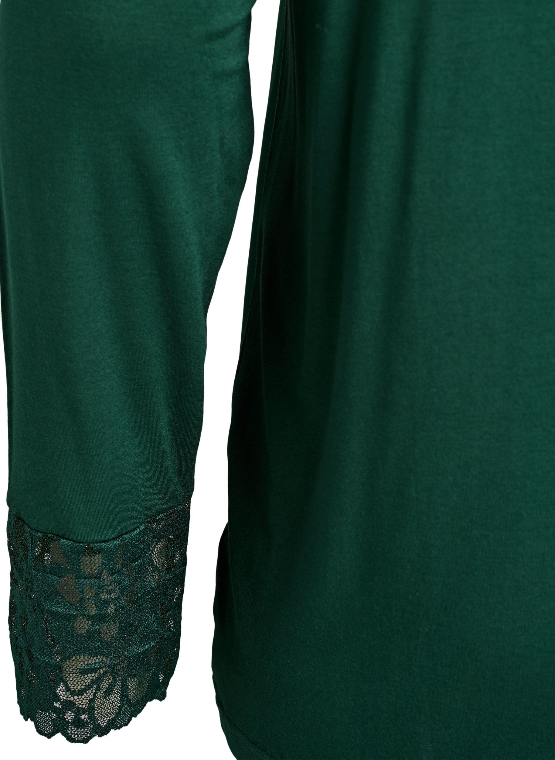 Zizzifashion Long-sleeved pyjama top with lace details, Green, Packshot image number 3
