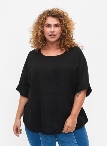 Short-sleeved blouse in 100% linen, Black, Model image number 0