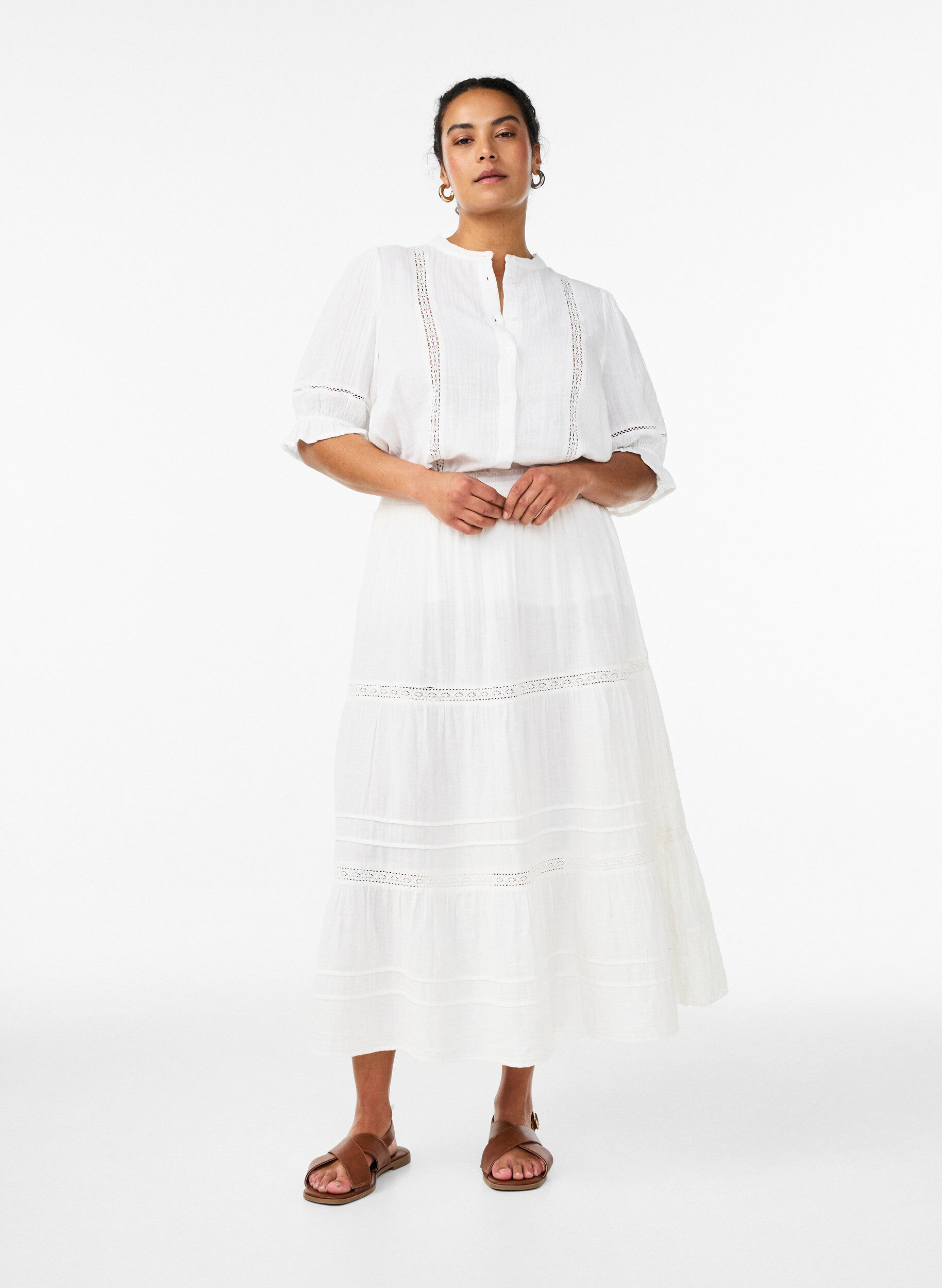 ZizzifashionA-line midi skirt in cotton muslin with crochet band, White, Model image number 0