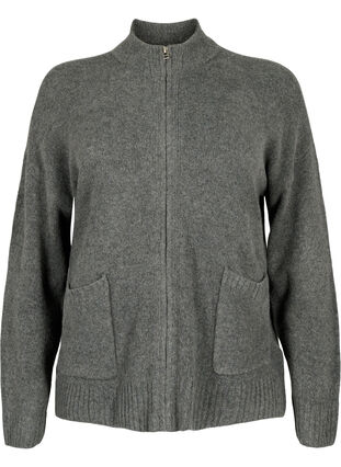 Knitted cardigan with zipper and pockets, Dark Grey Melange, Packshot image number 0
