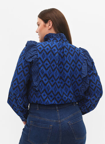 Shirt blouse in viscose with frilled details, True blue w. Black, Model image number 1