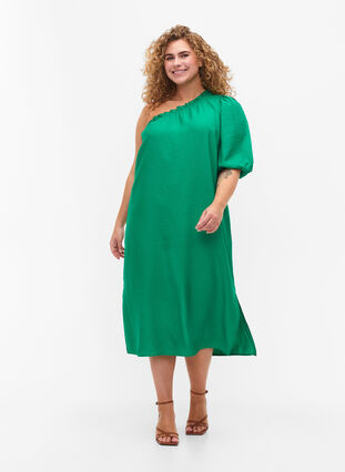 One-shoulder dress in viscose, Deep Mint, Model image number 0