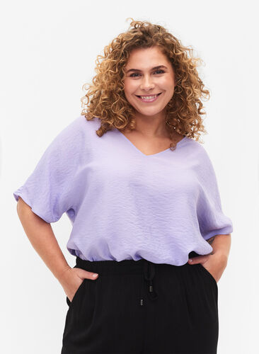 Short-sleeved viscose blouse with v-neck, Lavender, Model image number 0