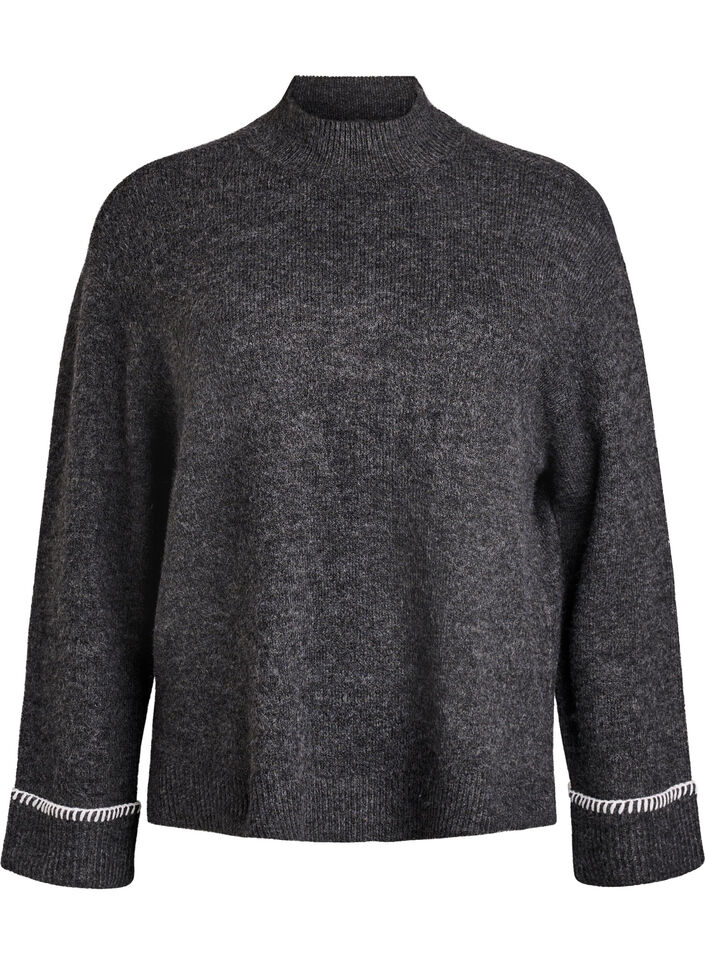 Knitted blouse with a high neck and contrast detail, Dark Grey, Packshot image number 0
