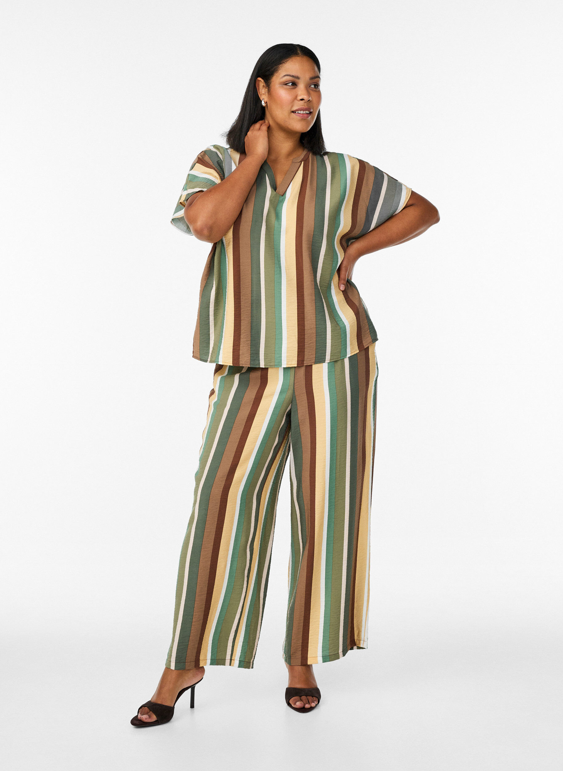 Zizzifashion Striped viscose blouse with short sleeves, Brown, Model image number 1