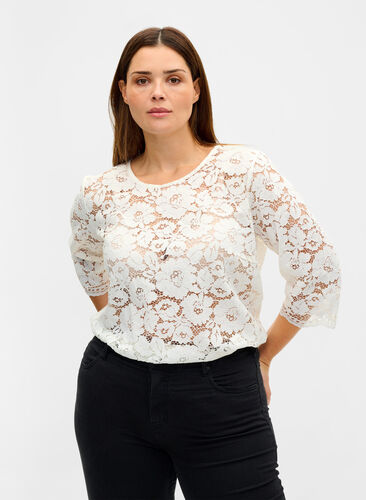 Lace blouse with 3/4 sleeves, Snow White, Model image number 0