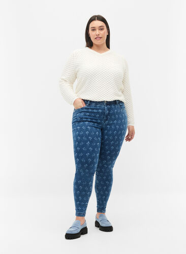 Super slim Amy jeans with flower print, Blue denim, Model image number 0