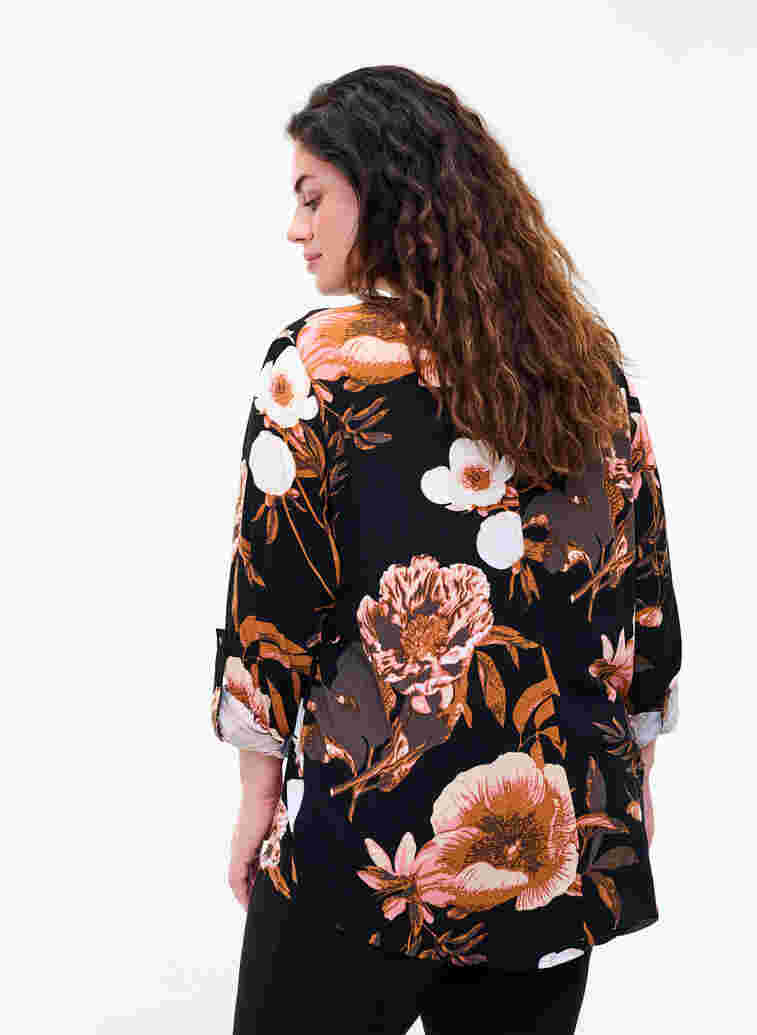 100% viscose blouse with floral print, Black Flower AOP, Model image number 1