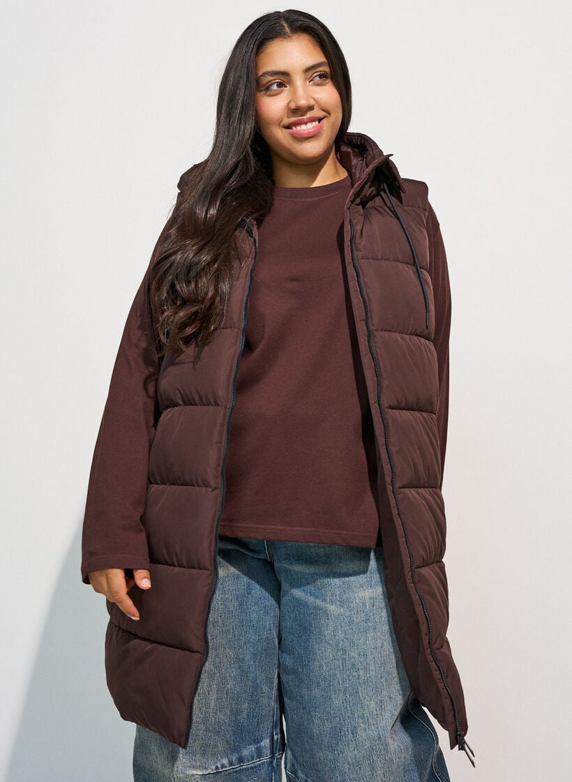 Long vest with hood and pockets, Brown, Model image number 2