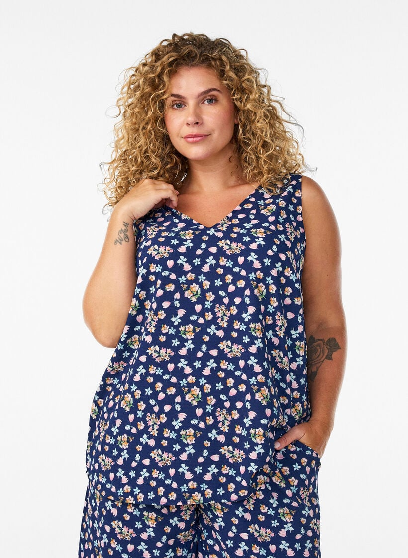 Printed top with v-neck, Blue, Model image number 0