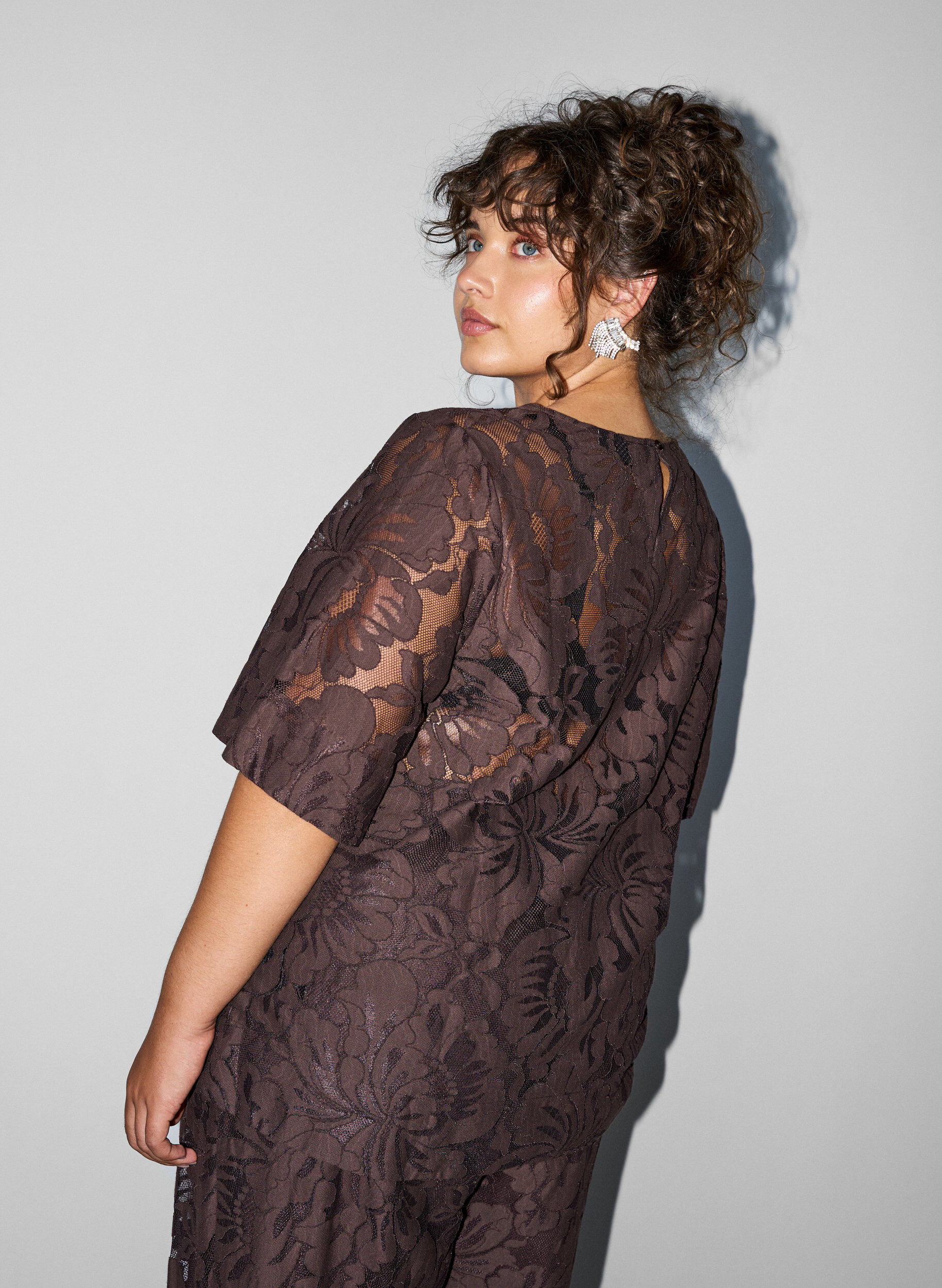 ZizzifashionLace blouse with short sleeves, Brown, Model image number 2