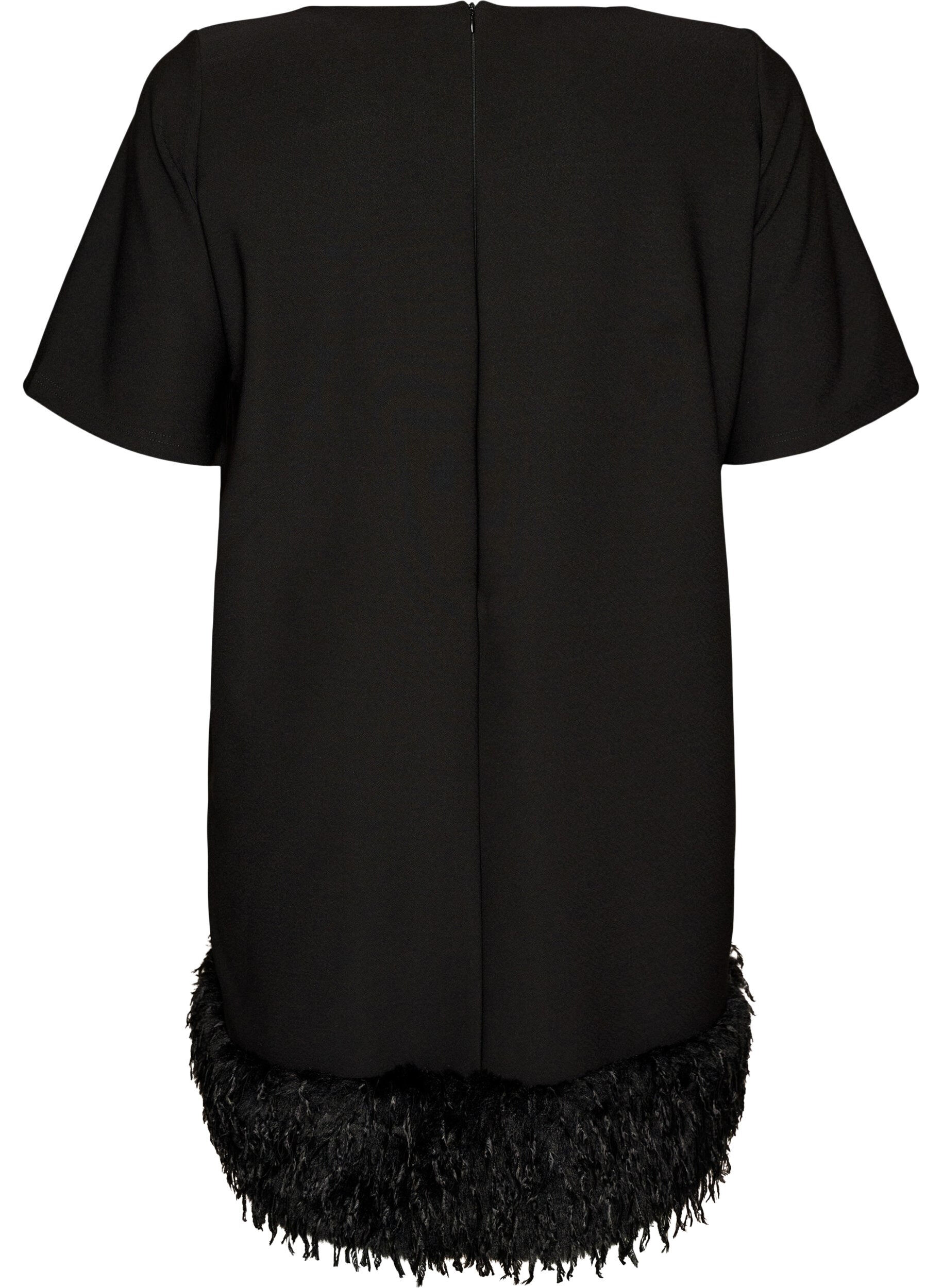 ZizzifashionShort jersey dress with feather trim, Black, Packshot image number 1