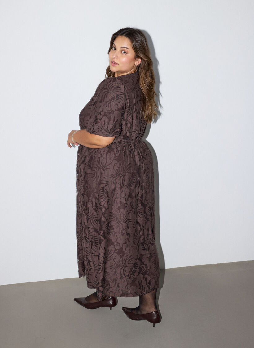 Midi dress with floral jacquard, Brown, Model image number 1