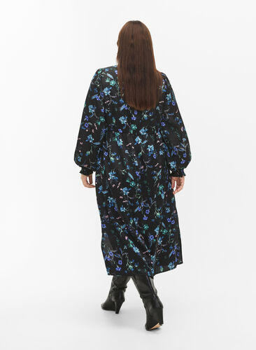 Long-sleeved midi dress with floral print, Blue Flower AOP, Model image number 1
