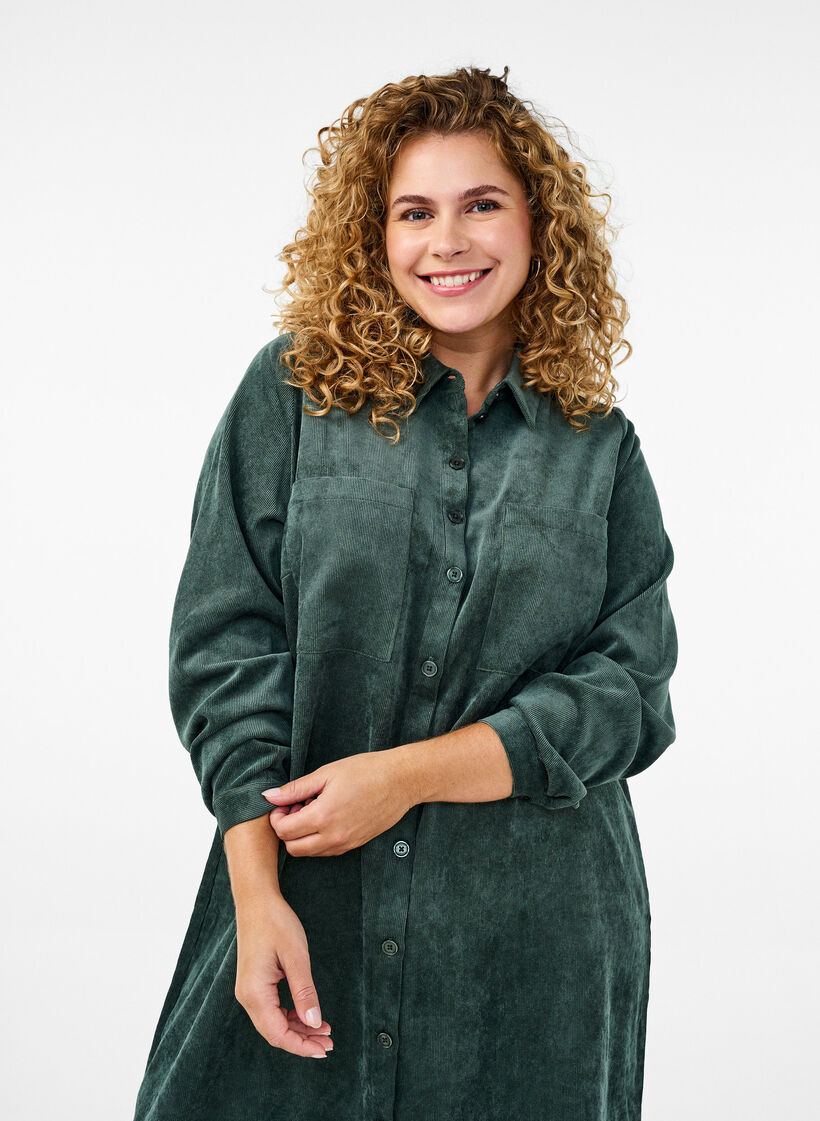 Long corduroy shirt dress with buttons, Dark Forest, Image image number 0