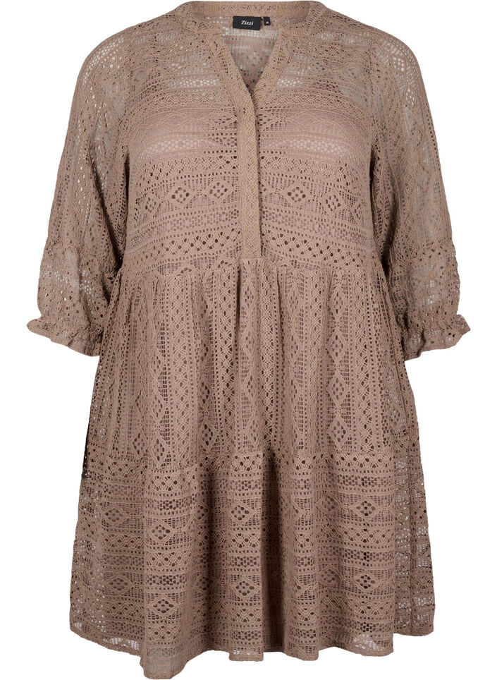 Short lace dress with 3/4 sleeves, Fossil , Packshot image number 0