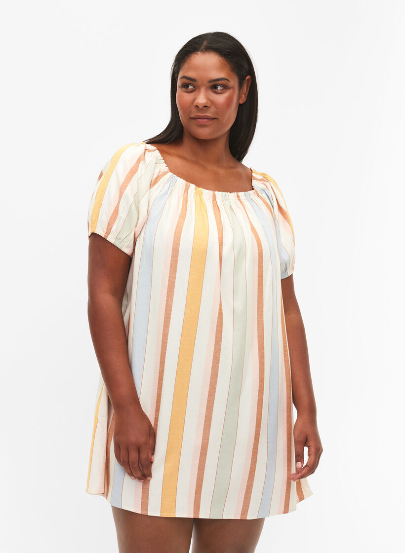 Off-shoulder beach tunic, Striped Jaquard, Model image number 0