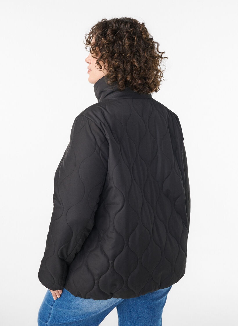 Short quilted jacket with bows and high collar, Black, Model image number 2