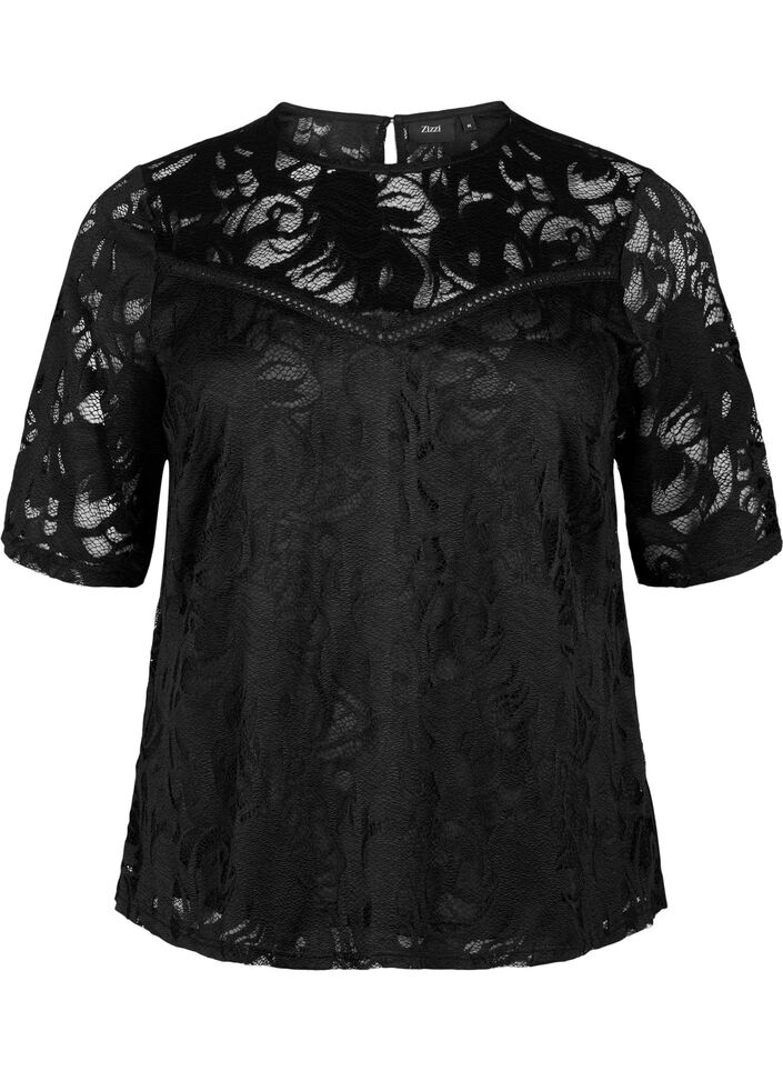 Lace blouse with short sleeves, Black, Packshot image number 0