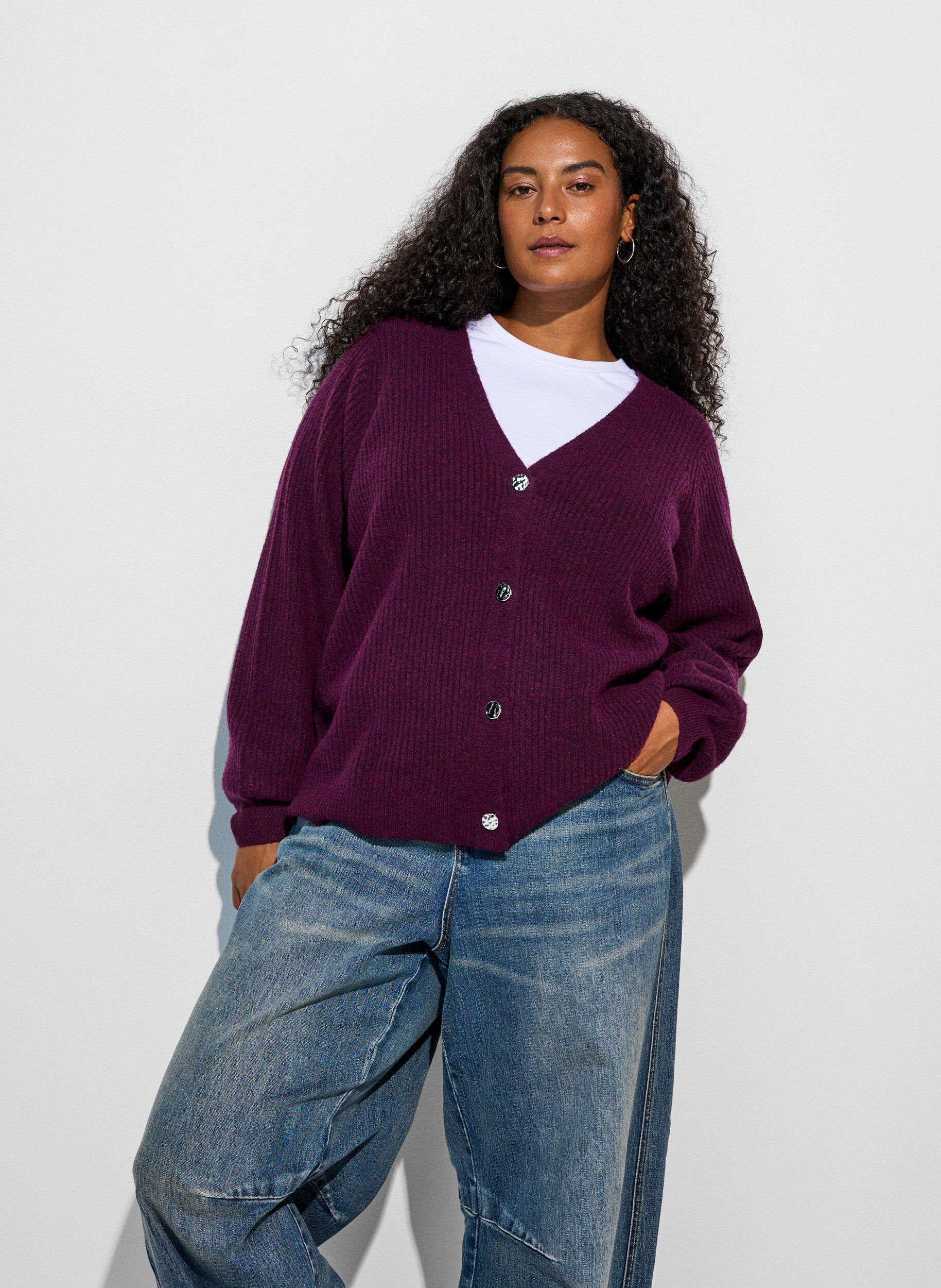ZizzifashionCardigan with V-neck and ribbed texture, Purple, Model image number 0