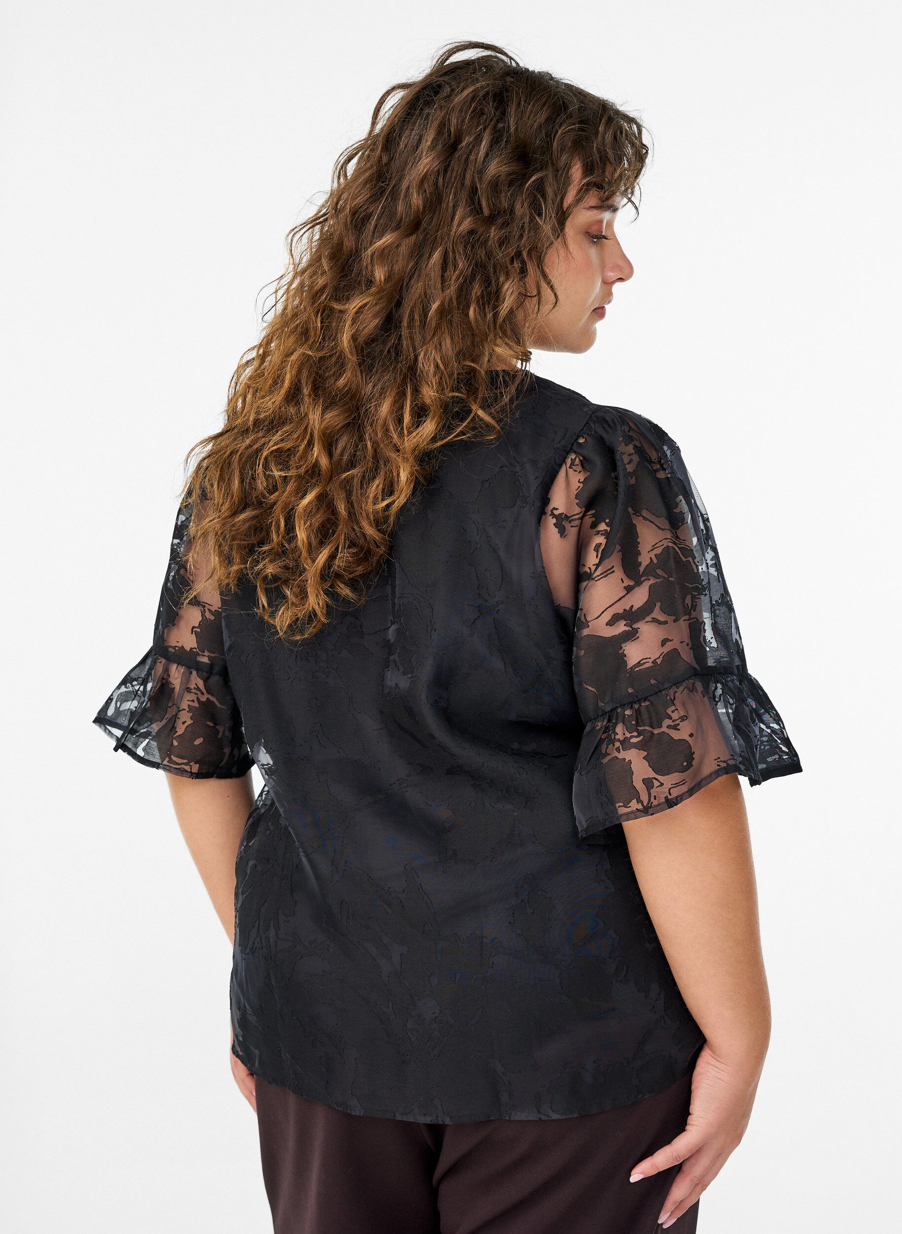 Zizzifashion Organza-look party blouse with a tone-on-tone pattern, Black, Model image number 2