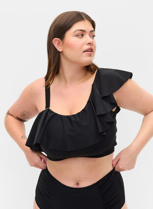 One shoulder bikini top with frill, Black, Model image number 0