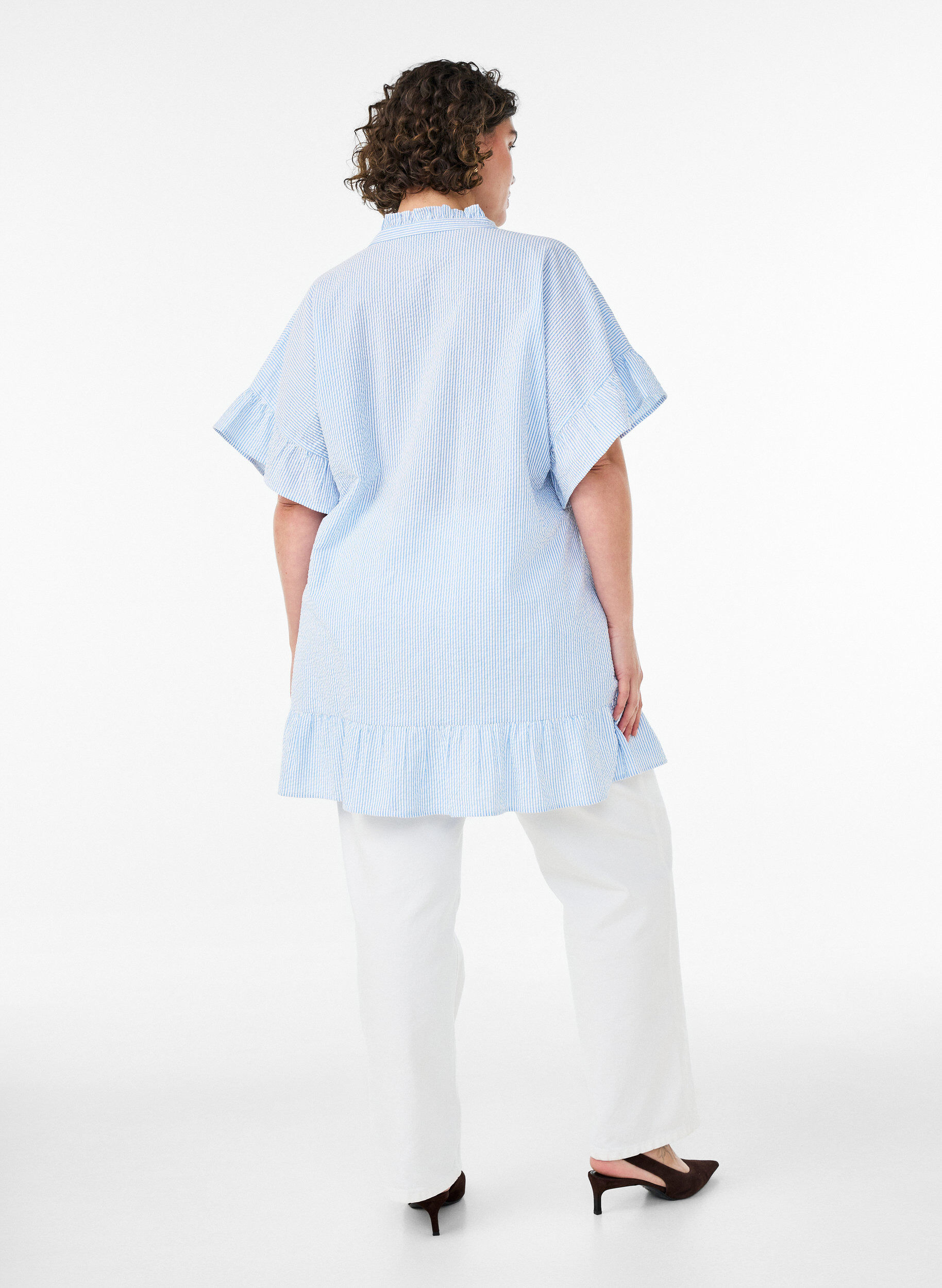 ZizzifashionCotton tunic with stripes and ruffle details, Light Blue, Model image number 2