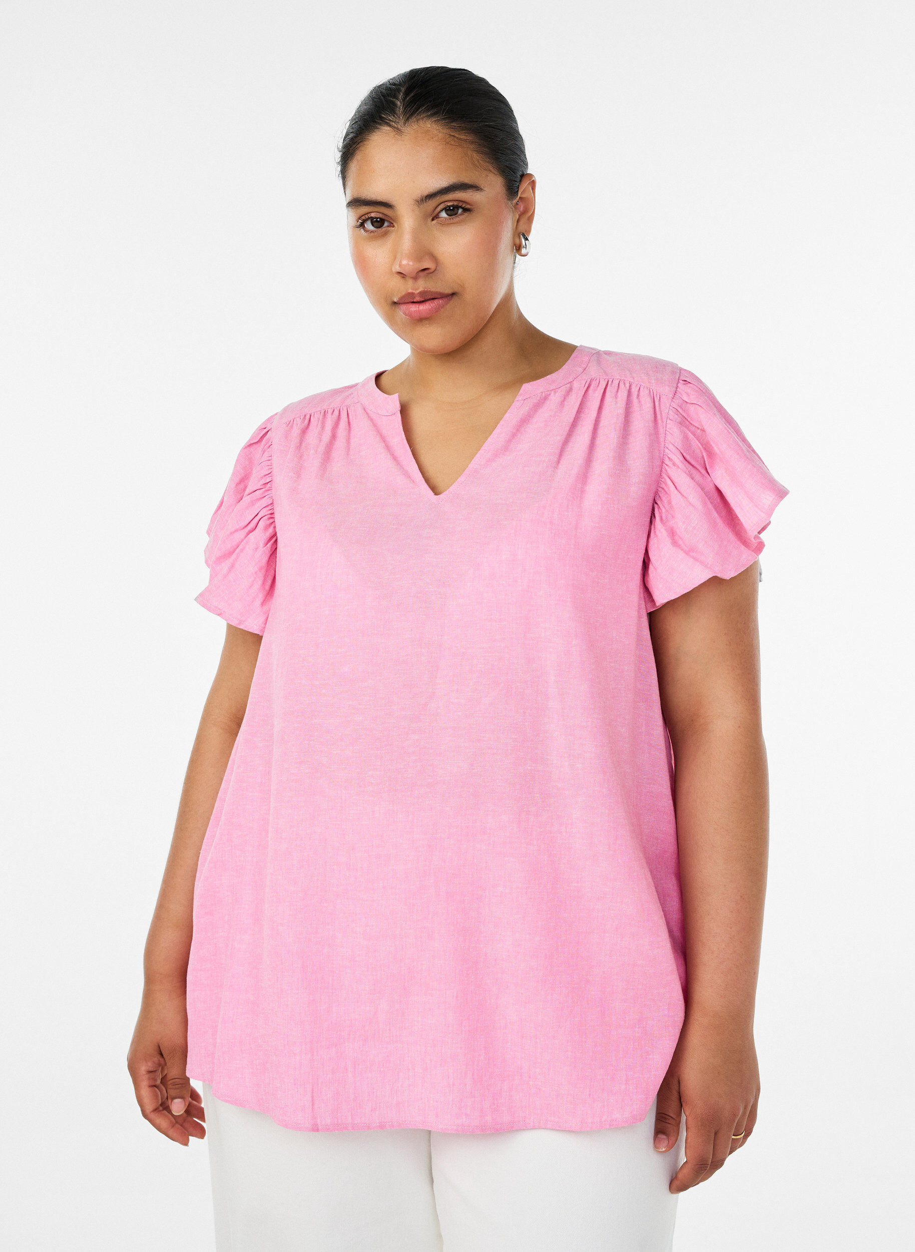 ZizzifashionViscose and linen blouse with ruffle sleeves, Pink, Model image number 0