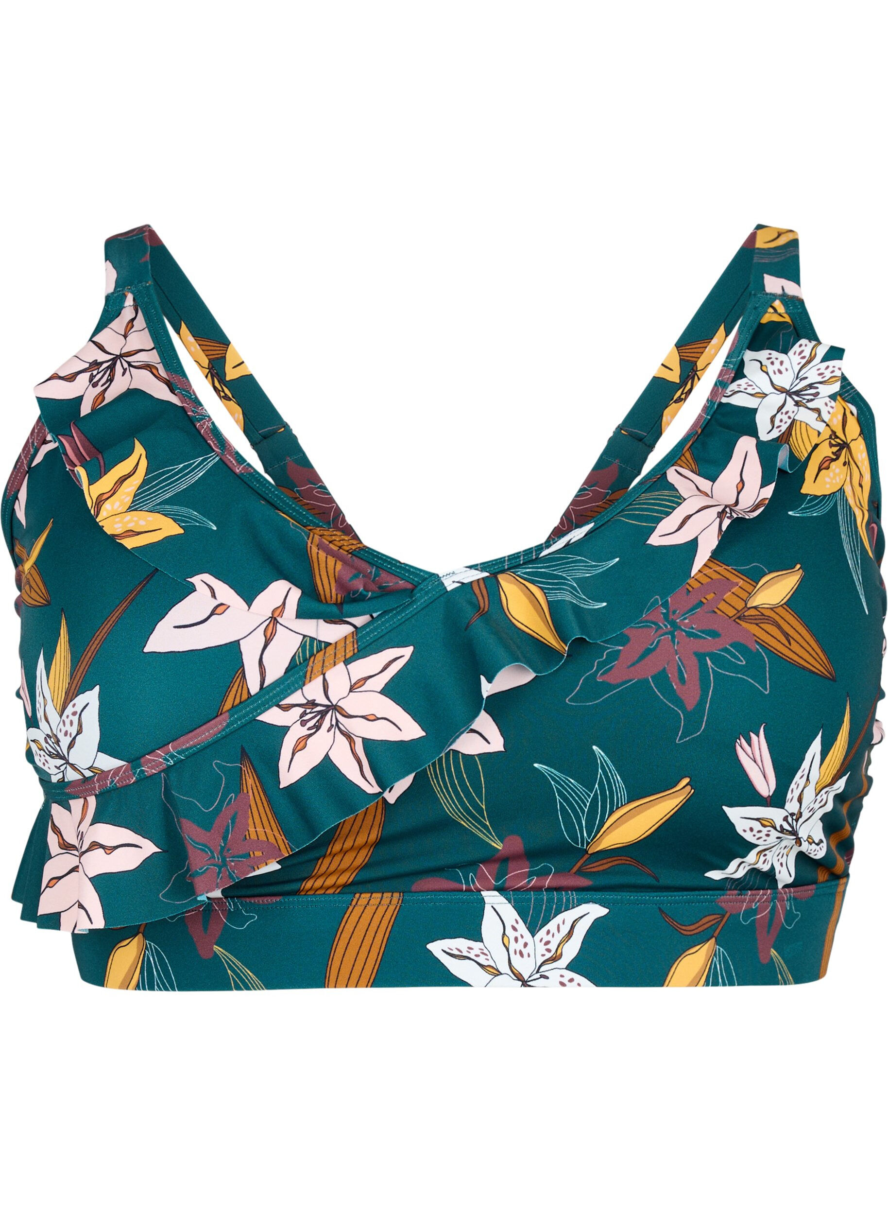 ZizzifashionFloral bikini top with ruffle details, Green, Packshot image number 0