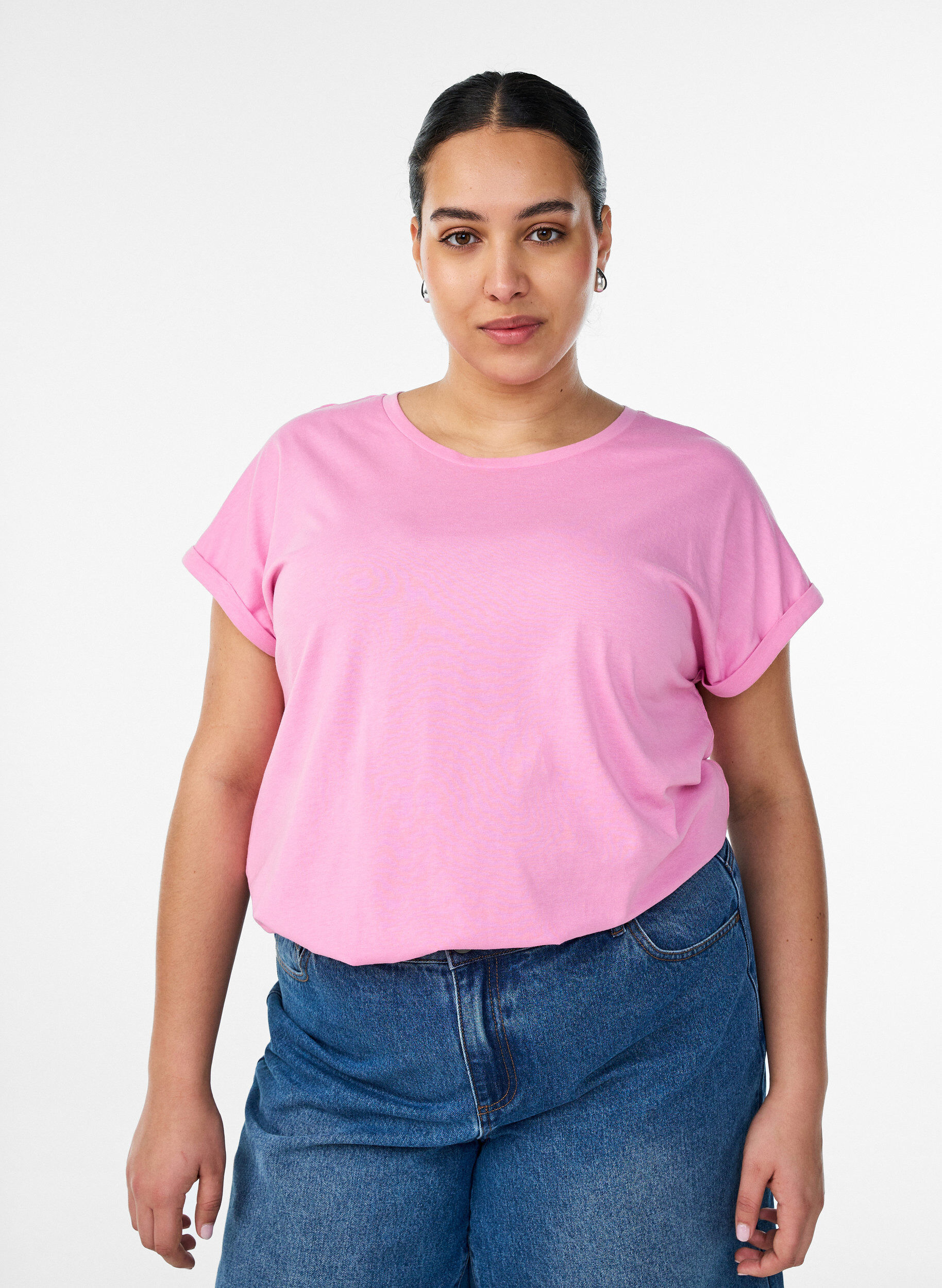 Short sleeved cotton blend t-shirt, Pink, Model