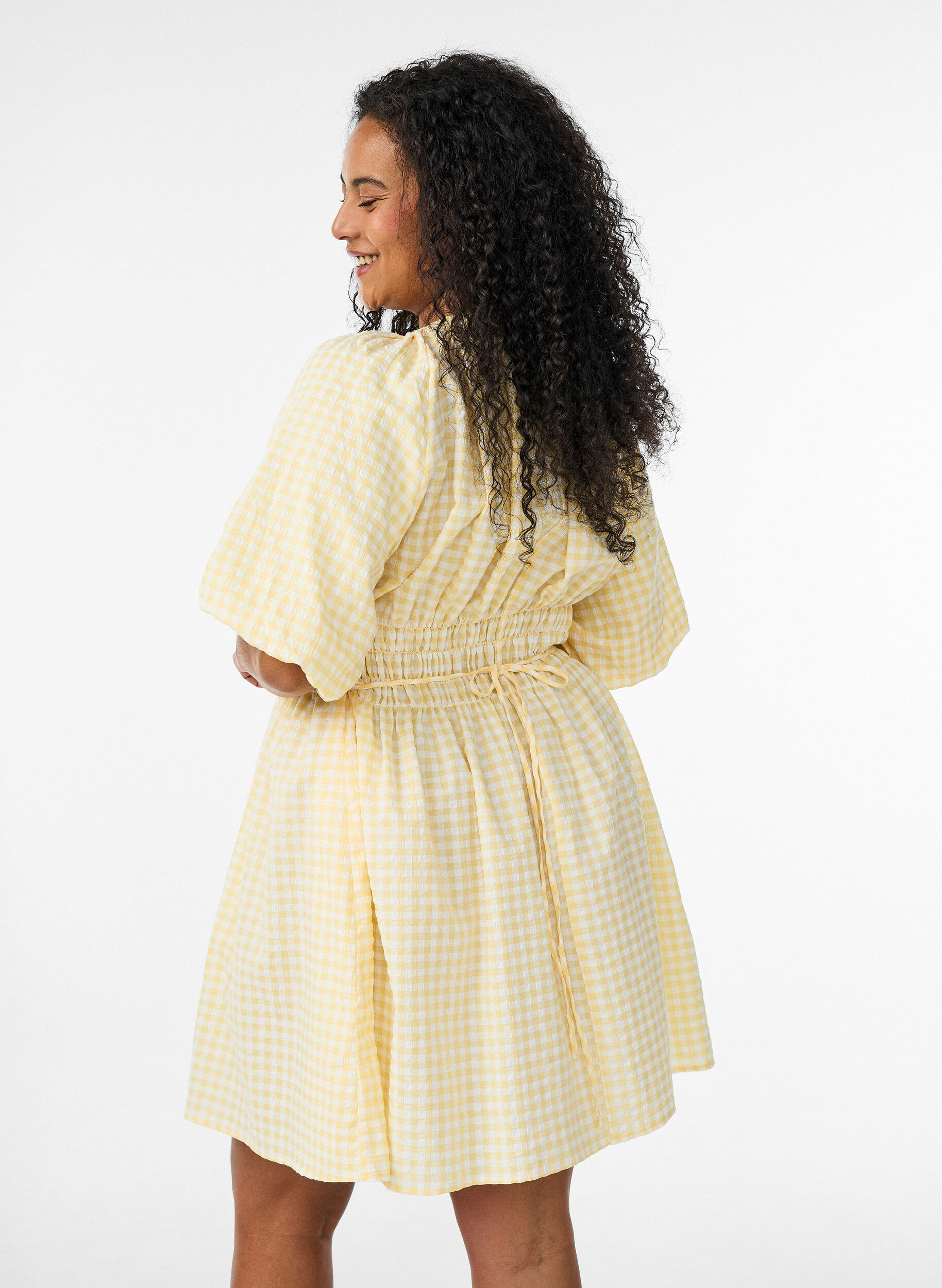 ZizzifashionShort small check dress with balloon sleeves, Yellow, Model image number 2