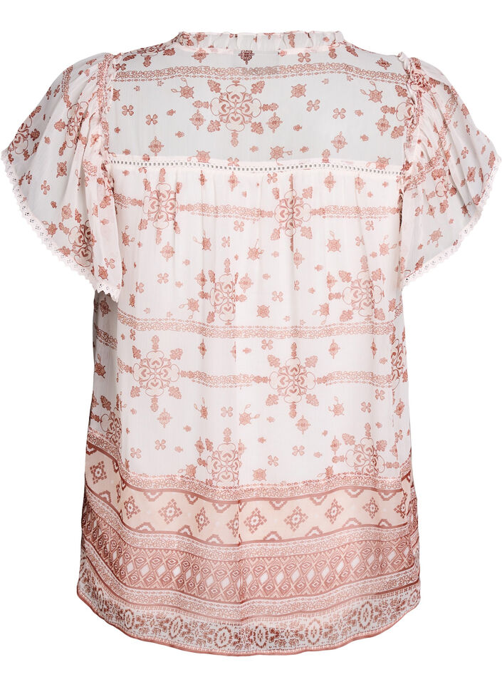 Patterned blouse with ruffle detailing and short sleeves, Vanilla, Packshot image number 1