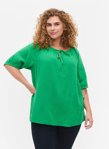 Cotton blouse with 1/2 sleeves, Bright Green, Model image number 0