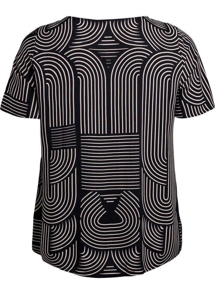 FLASH - Short sleeve viscose blouse with print, Black, Packshot image number 1