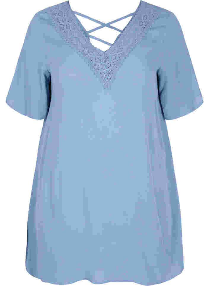 Short-sleeved viscose tunic with lace details, Coronet Blue, Packshot image number 0