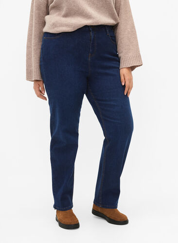Extra high-waisted Megan jeans with regular fit, Dark blue, Model image number 2