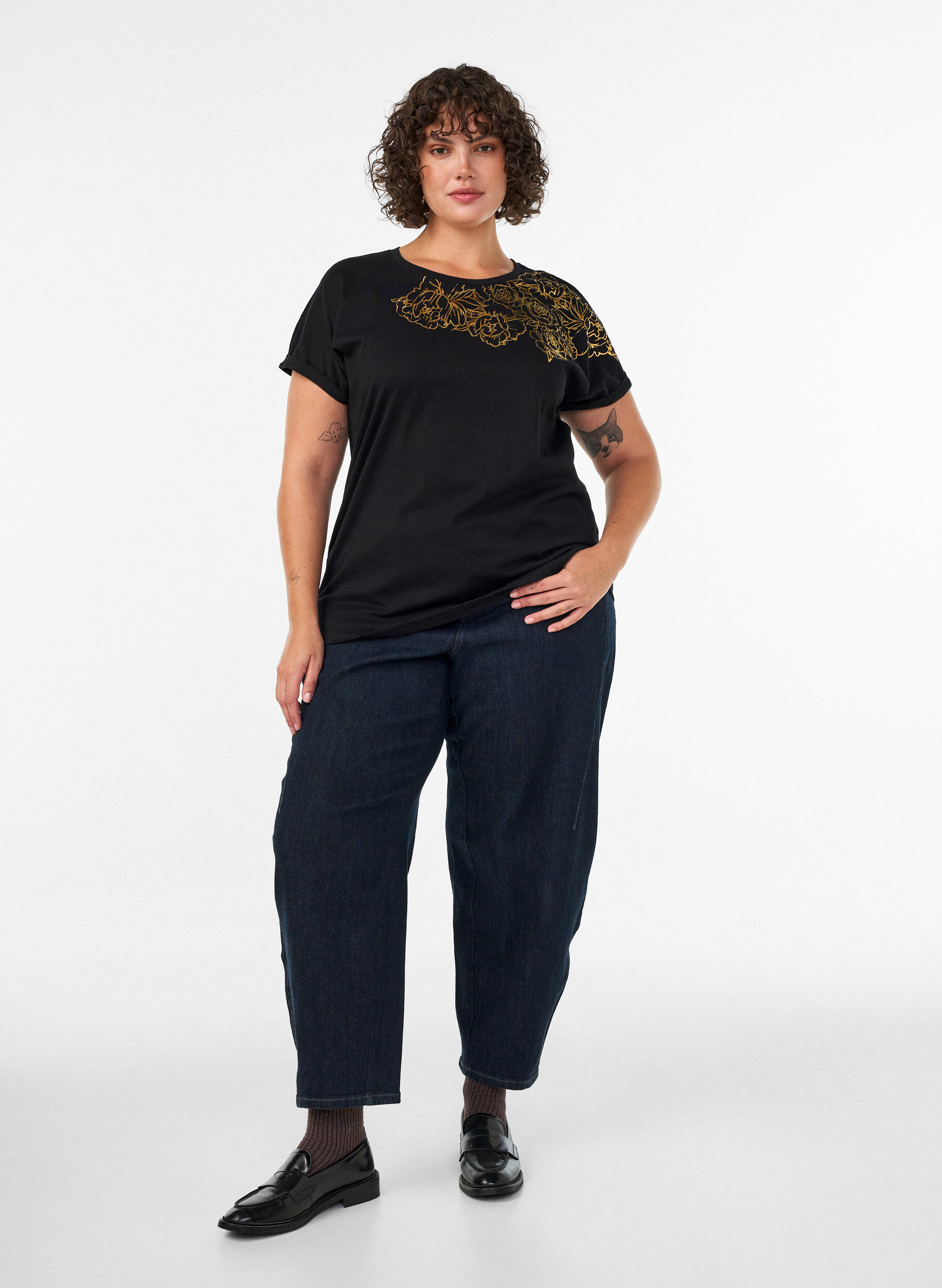 ZizzifashionCotton T-shirt with floral print, Black, Model image number 1