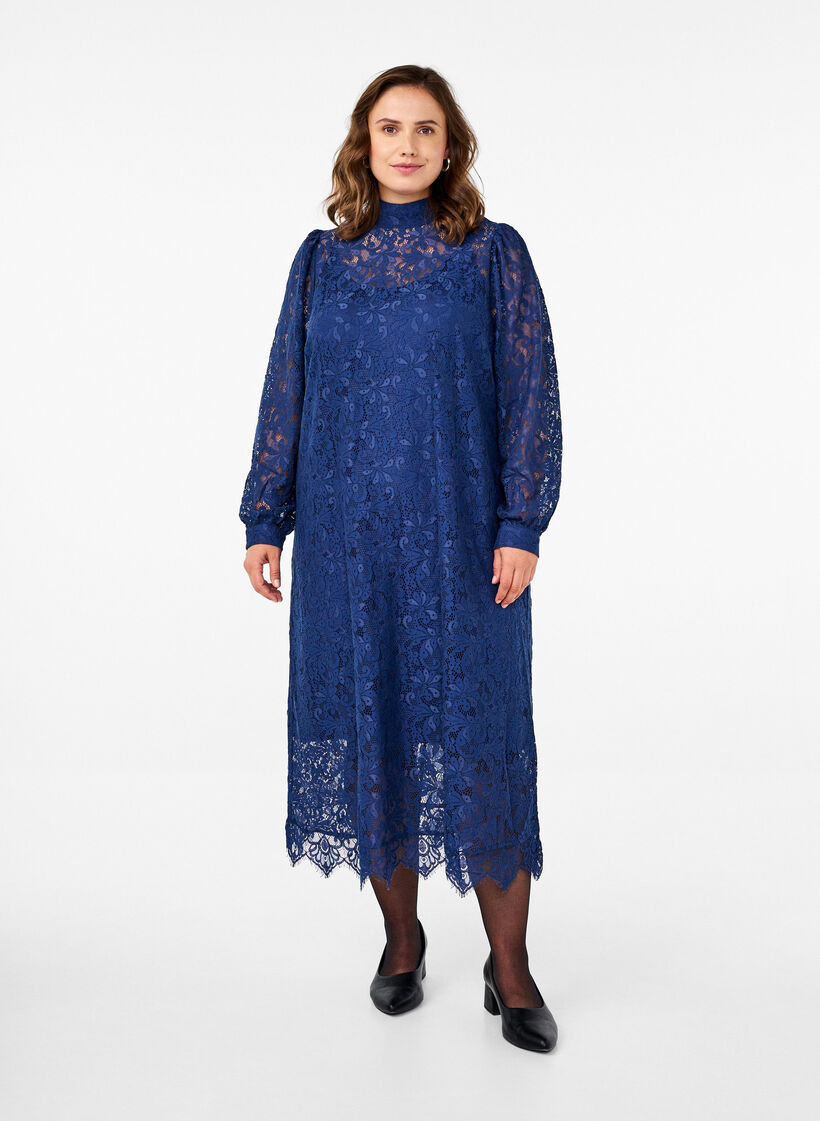 Long-sleeved lace dress with high neck, Estate Blue, Model image number 0