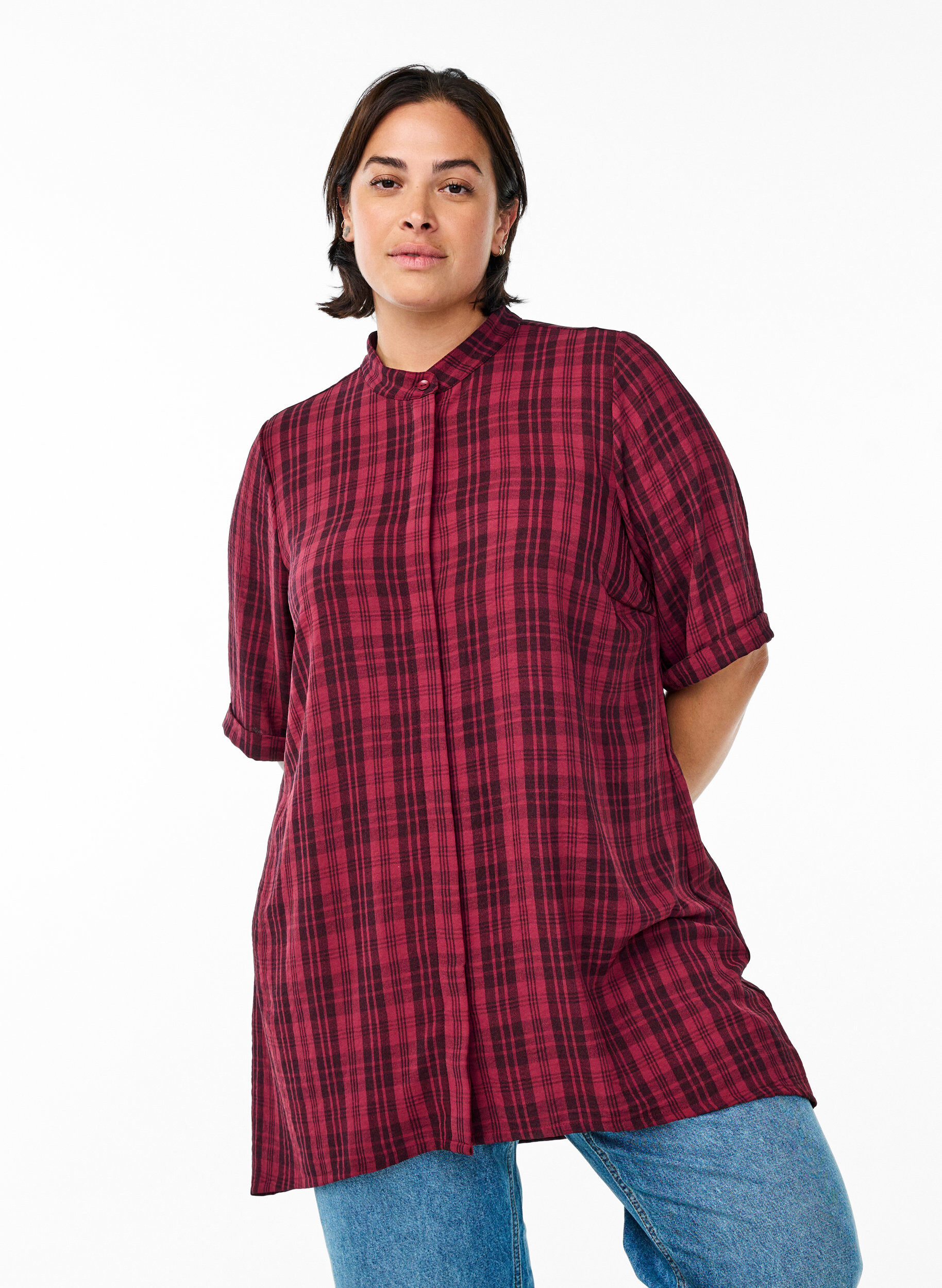 Tunic with short sleeves and checkered pattern, Dark Bordeaux, Model