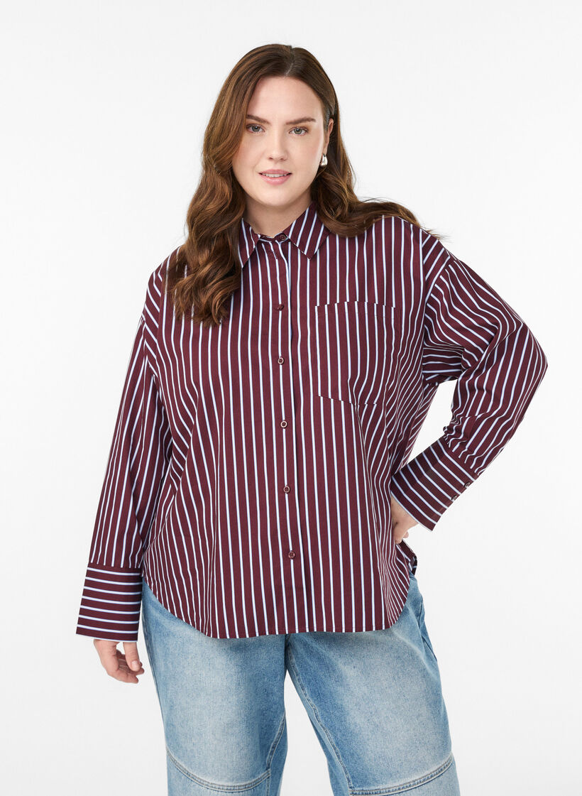 Loose shirt with stripes and a chest pocket, Dark Bordeaux, Model image number 0