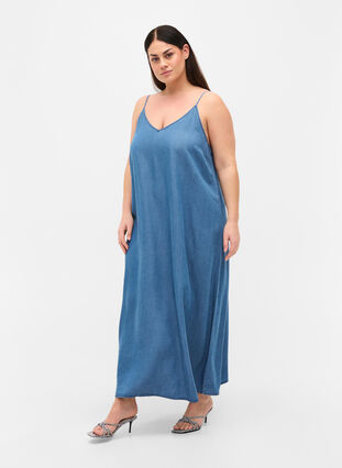 Long denim dress with thin straps, Dark blue denim, Model image number 0