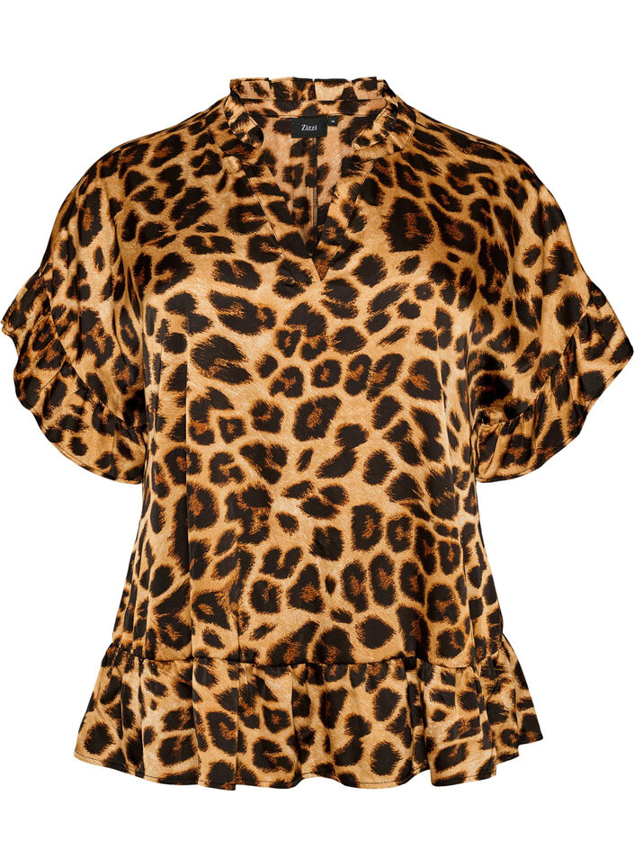 Blouse with leopard print and ruffle details, Brown, Packshot image number 0