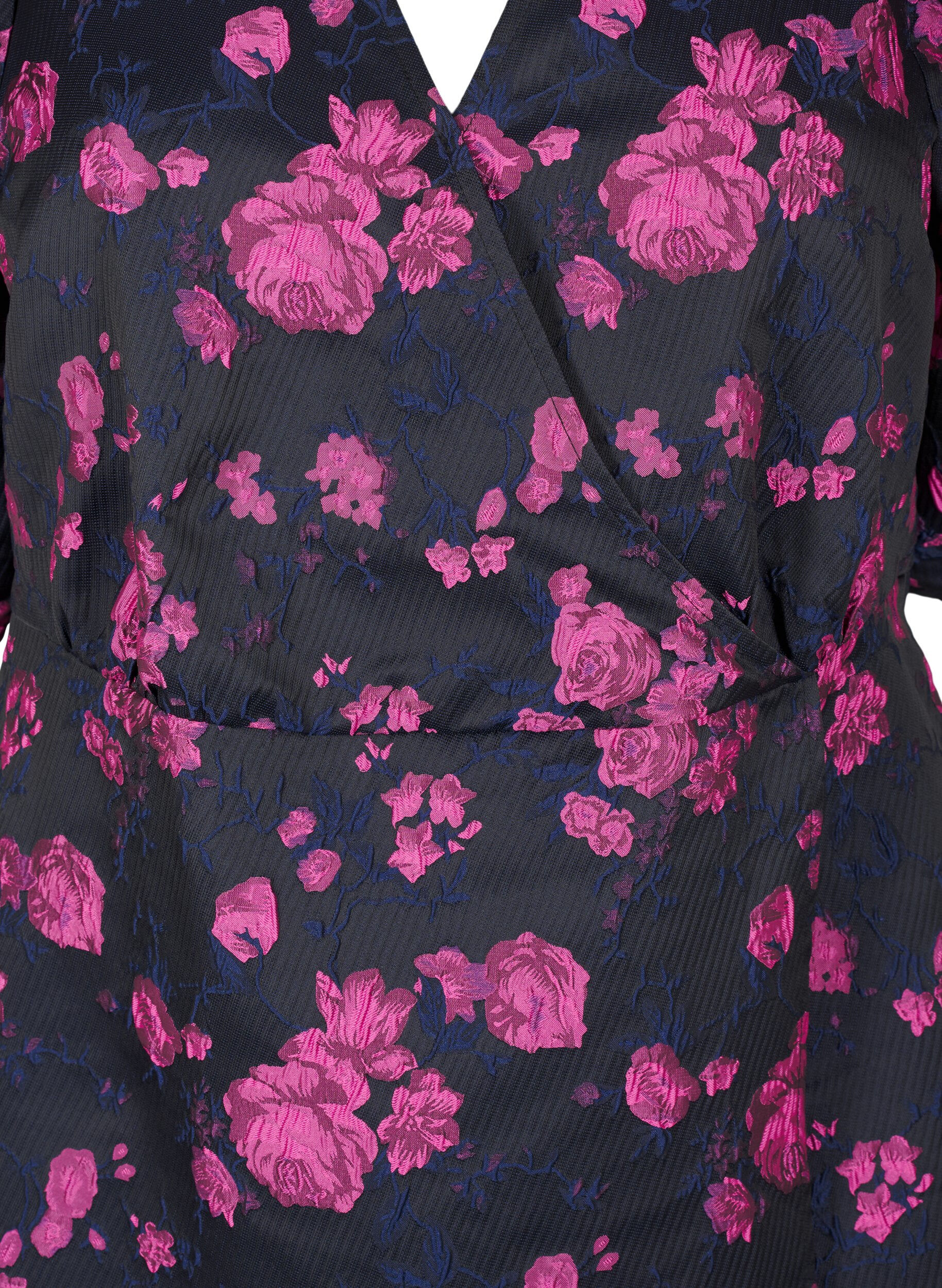 Zizzifashion Short jacquard wrap dress, Black w. Red Rose, Packshot image number 2