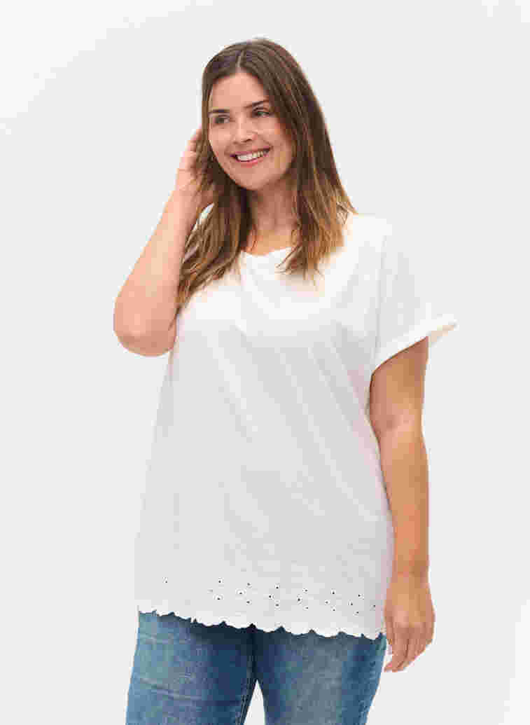 Short-sleeved t-shirt with broderie anglaise, Off White Mel, Model image number 0