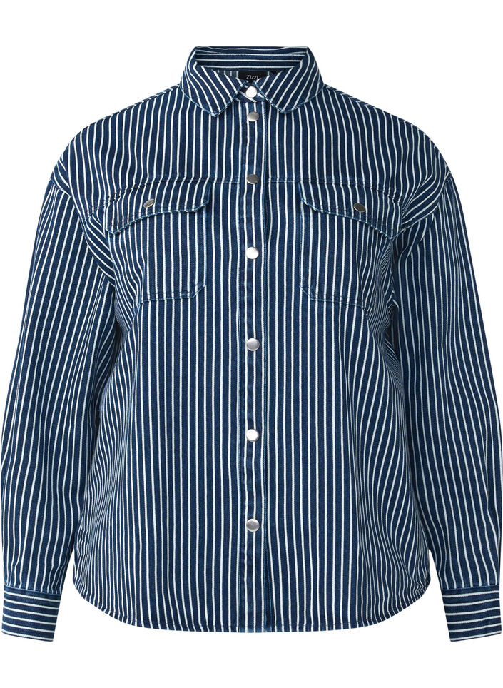Striped denim shirt with chest pockets, Blue Denim Stripe, Packshot image number 0