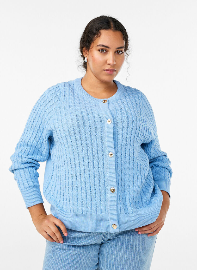 Cable-knit cardigan with golden buttons, Blue, Model image number 0
