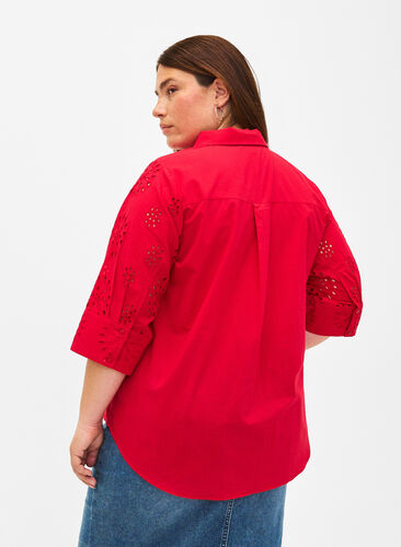 Shirt blouse with embroidery anglaise and 3/4 sleeves, Tango Red, Model image number 1