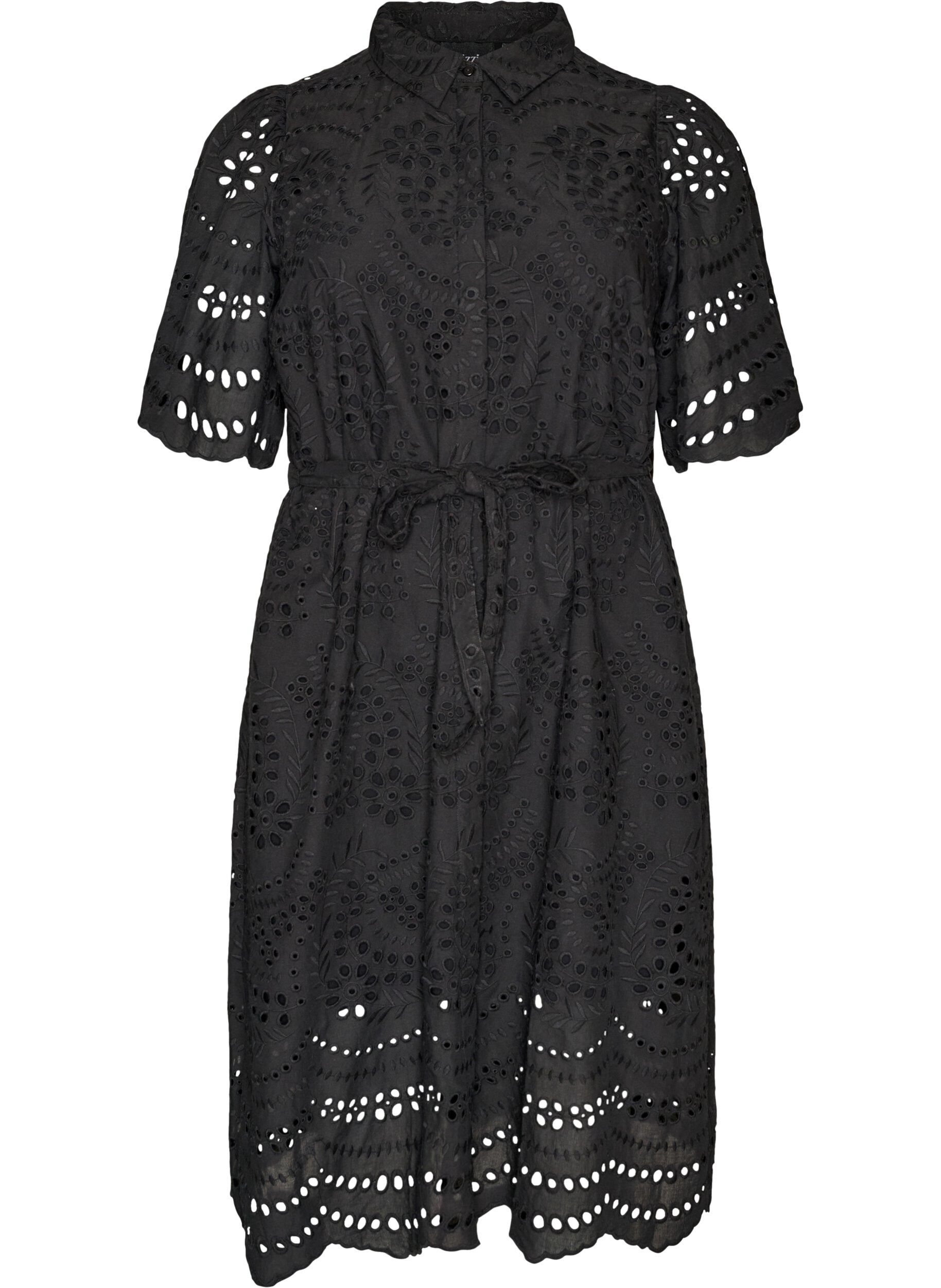 Shirt dress in broderie anglaise with a tie-belt