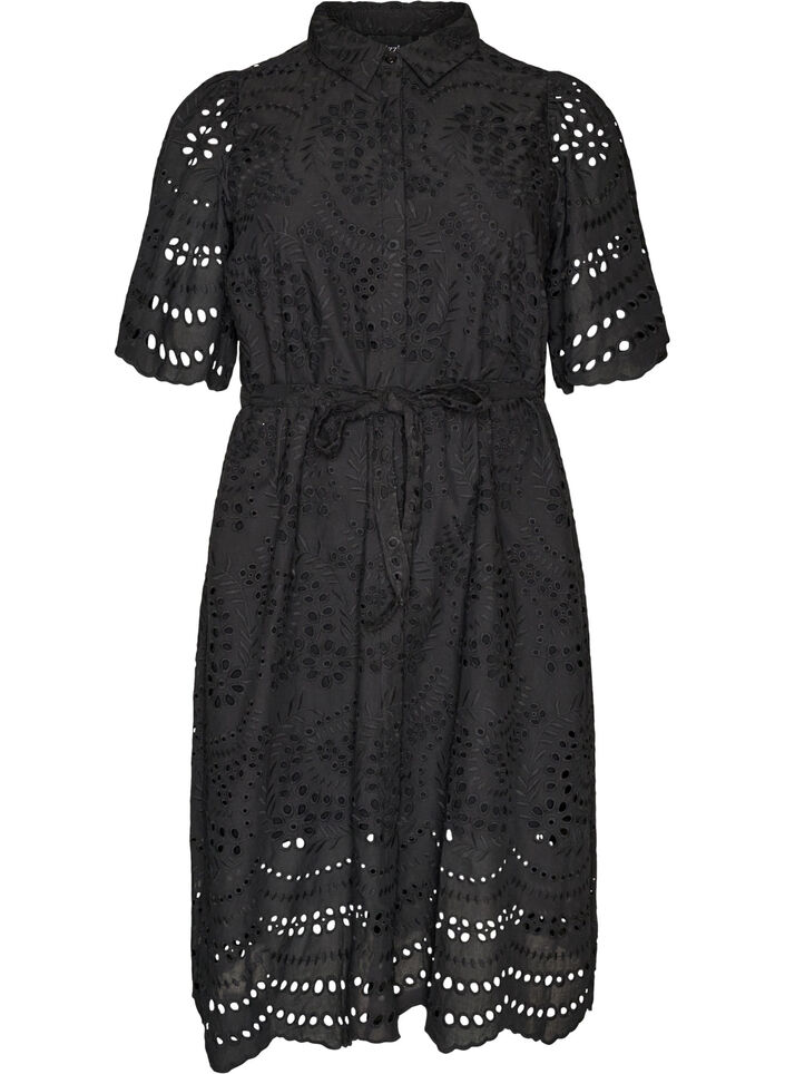 Shirt dress in broderie anglaise with a tie-belt, Black, Packshot image number 0