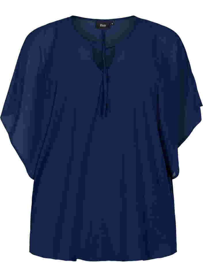 Blouse with tie strings and short sleeves, Navy Blazer, Packshot image number 0